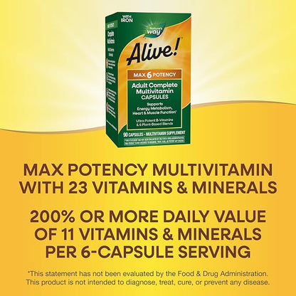Nature's Way Alive! Max6 Potency Adult Complete Multivitamin, with Iron, Vitamins A, C, E & B-Vitamins Including Methylated B12 & Folate, Supports Energy Metabolism*, 90 Capsules (Packaging May Vary)