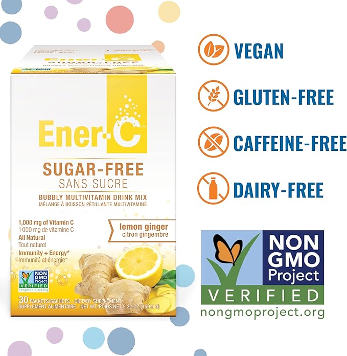 Ener-C Sugar Free Energy Lemon Ginger Multivitamin Drink Mix Vitamin C 1000mg & Electrolytes - Natural Immunity Support with Real Fruit Juice Powders - Non-GMO Vegan & Gluten Free - 60 Count