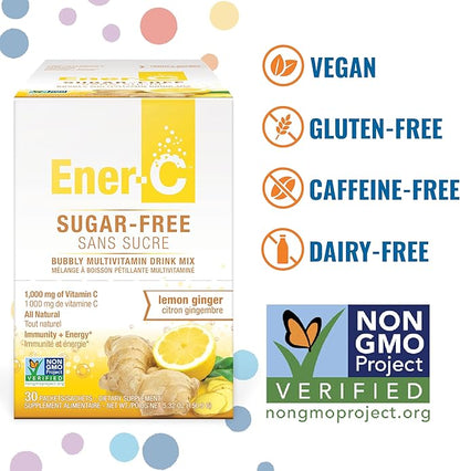 Ener-C Sugar Free Energy Lemon Ginger Multivitamin Drink Mix Vitamin C 1000mg & Electrolytes - Natural Immunity Support with Real Fruit Juice Powders - Non-GMO Vegan & Gluten Free - 60 Count