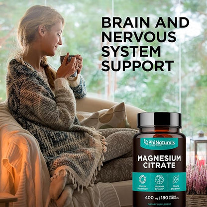 Magnesium Citrate Powder Capsules 400mg - 180 Count Veg Caps - PhiNaturals Supplements - Nervous System Support and Enzyme Function