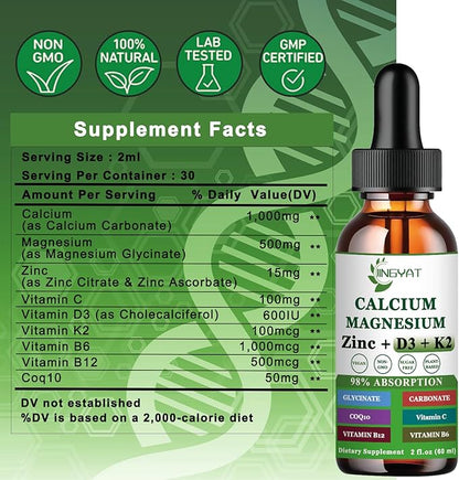 Calcium Magnesium Zinc Liquid Drops, Liquid Magnesium Glycinate 500mg Calcium 1000mg with Vitamin D3,K2,B6,B12,Coq10,6X Stronger Than Gummies Capsules (2 Pack)
