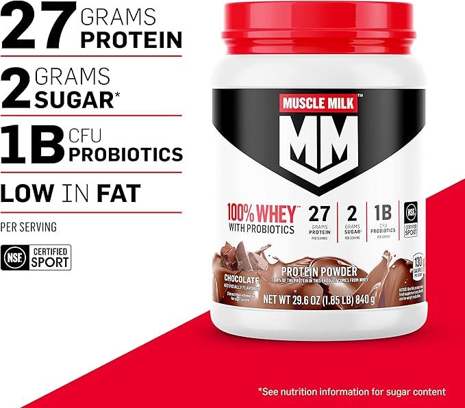 Muscle Milk 100% Whey With Probiotics Protein Powder, Vanilla, 1.85 Pound, 23 Servings, 27g Protein, 2g Sugar, 1B CFU Probiotics, Low in Fat, NSF Certified for Sport, Packaging May Vary