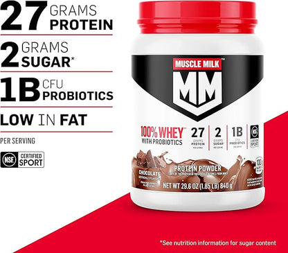 Muscle Milk 100% Whey With Probiotics Protein Powder, Chocolate, 1.85 Pound, 23 Servings, 27g Protein, 2g Sugar, 1B CFU Probiotics, Low in Fat, NSF Certified for Sport, Packaging May Vary