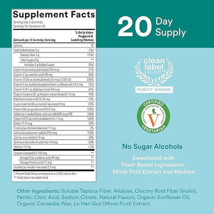 SmartyPants Prenatal Vitamins for Women, Sugar Free Multivitamin Gummies: Methylfolate, Omega 3 (ALA) Vitamin D3, C, Vitamin B12, B6, Vitamin A, K & Zinc, Erythritol Free, 60 Count (20 Day Supply)