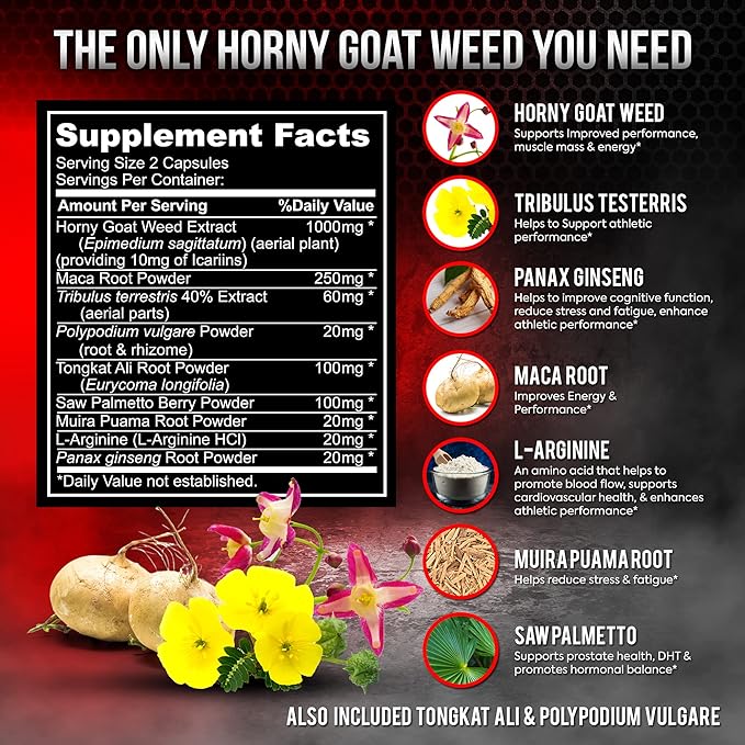 Super Strength 1590mg Horny Goat Weed 120 Capsules With Maca Arginine & Ginseng - Naturally Boost your Health, Workout Performance, Endurance & Energy, Joint Health For Men & Women (120C)
