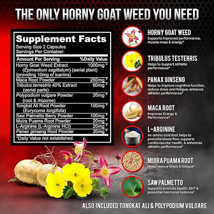 Super Strength 1590mg Horny Goat Weed 120 Capsules With Maca Arginine & Ginseng - Naturally Boost your Health, Workout Performance, Endurance & Energy, Joint Health For Men & Women (120C)