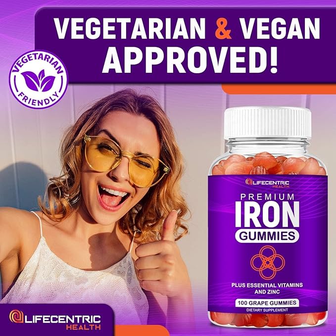 LifeCentricHealth Iron Gummies for Adults & Kids | Biotin Zinc Vitamin B Folic Acid Gummies | Vegan Gluten Free Blood Builder Anemia Supplements | Tasty Energy Boosting Iron Supplement for Women & Men
