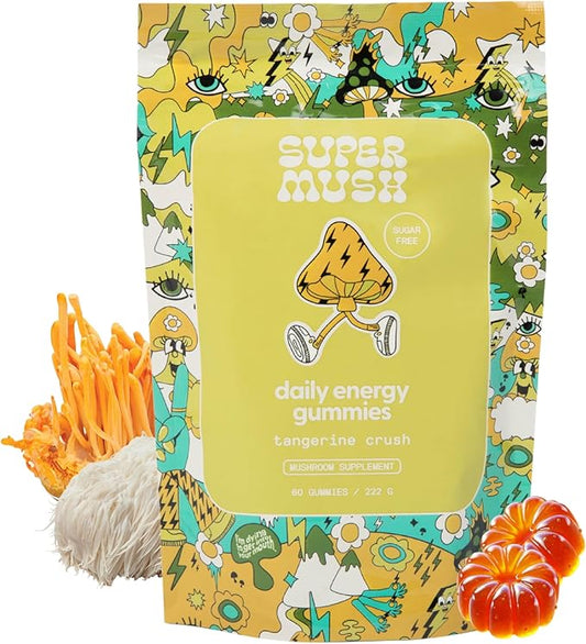 SuperMush Energy Mushroom Gummies - Organic Lions Mane Supplement with Cordyceps, Rhodiola, L-Theanine, Maca - Vegan & Sugar-Free - Energy, Focus, Stamina, Stress Reduction - 60 Gummies (30 Servings)