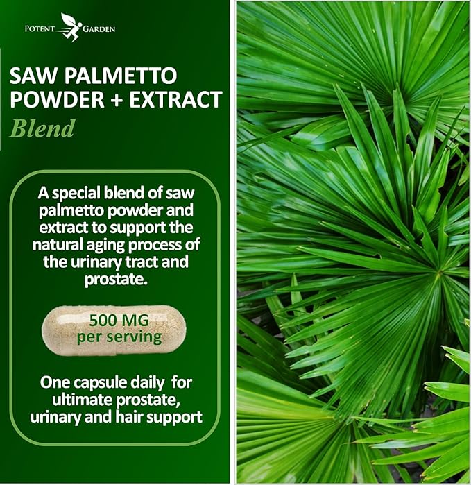 Potent Garden Saw Palmetto 500 mg - Prostate Supplements for Men - Supports Healthy Urination Frequency & Flow - Non GMO, 100 Saw Palmetto Capsules