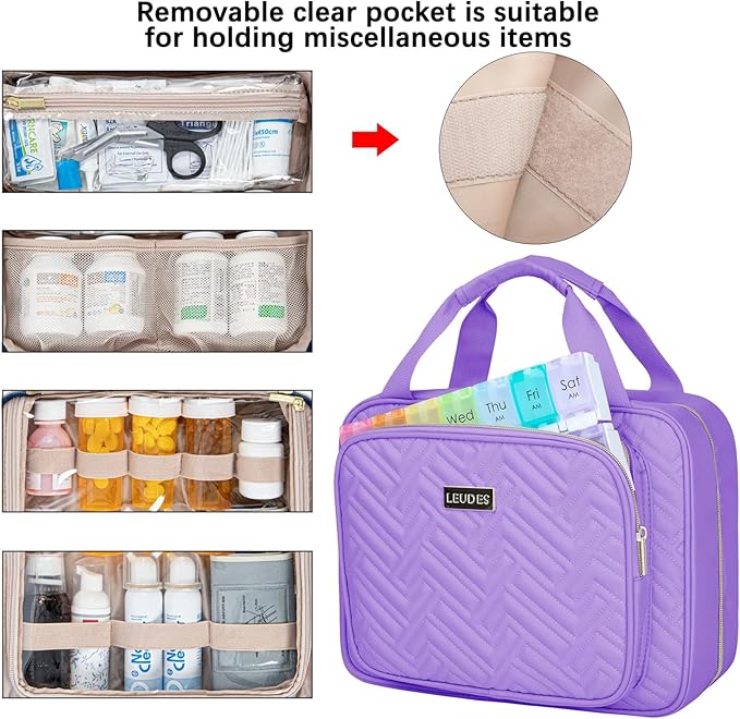 Leudes Travel Pill Bottle Organizer,Medicine Organizer and Storage,Home Medication Bag, Cases,Carrier for Pills,Vitamin,Fish Oil,Supplements for Women and Men (Large, Purple)