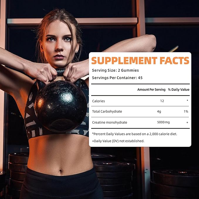 Creatine Monohydrate Gummies 5g for Men Women - Sugar Free Chewable Supplement. 180 Gummies Orange