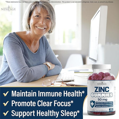 NEW AGE Zinc Gummies - 50mg High Immune Booster Zinc Supplement, Immune Defense, Powerful Natural Antioxidant, Non-GMO - by New Age (60 Count (Pack of 1))