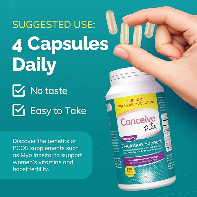 CONCEIVE PLUS Ovulation Support Supplement | Myo-Inositol & D-Chiro Inositol Blend with Coq10, Folic Acid, Ginger - PCOS Relief, Healthy Ovarian Support - Multi Vitamins Woman 120 Inositol Capsules