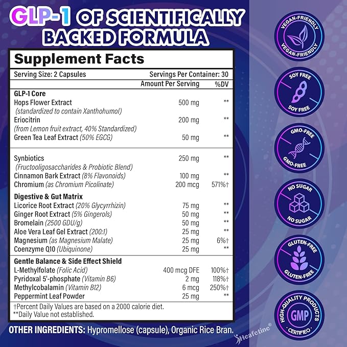GLP-1 Supplement Support, with Naturally GLP-1 Supplement Probiotic, Hops & Green Tea Extract, GLP 1 Supplement for Gut, Energy, GLP-1 Levels & Overall Health - 120 Capsules