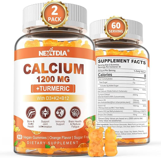 Calcium Gummies with Turmeric for Women & Men - Calcium 1200mg with Vitamin D3 K2 B12 5000 IU & Zinc, Suger-Free Calcium Supplement for Bone, Joint Strength & Immune Support - Vegan(120 Count)