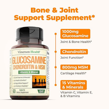 Glucosamine Chondroitin MSM Joint Support Supplement with Glucosamine Sulfate 1000 mg Plus 15 Nourishing Joint Vitamins - Joint Health Chondroitin Sulfate MSM Supplement for Women and Men - 60 Tablets