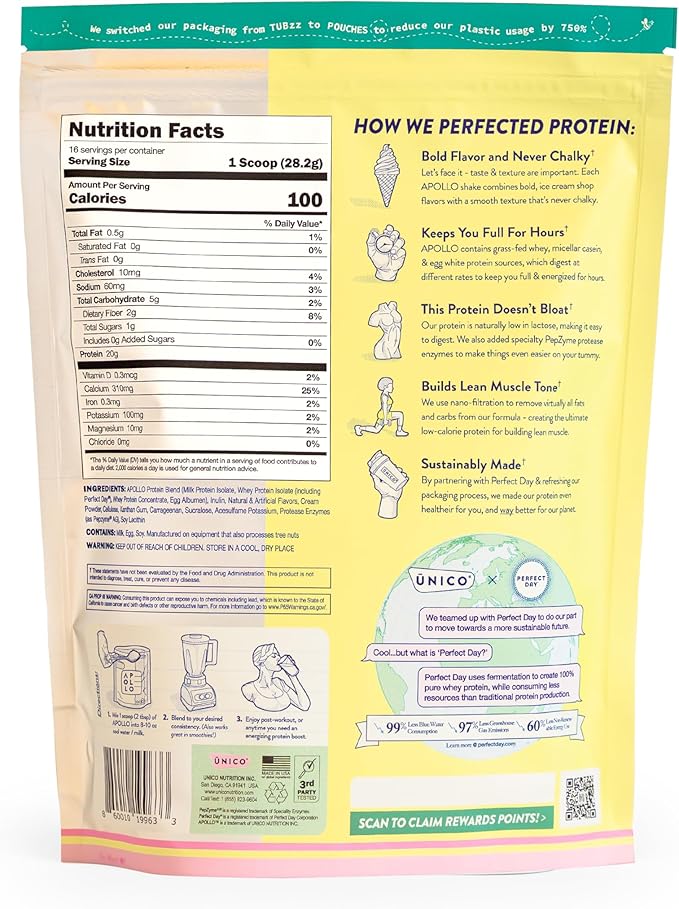 Unico Apollo Banana Cream Pie Protein Powder - 20g Whey, Casein, Egg White Formula | Keeps You Full for 6 Hours | Decadent Flavor & Non-Chalky Texture | 100 cals per Serving