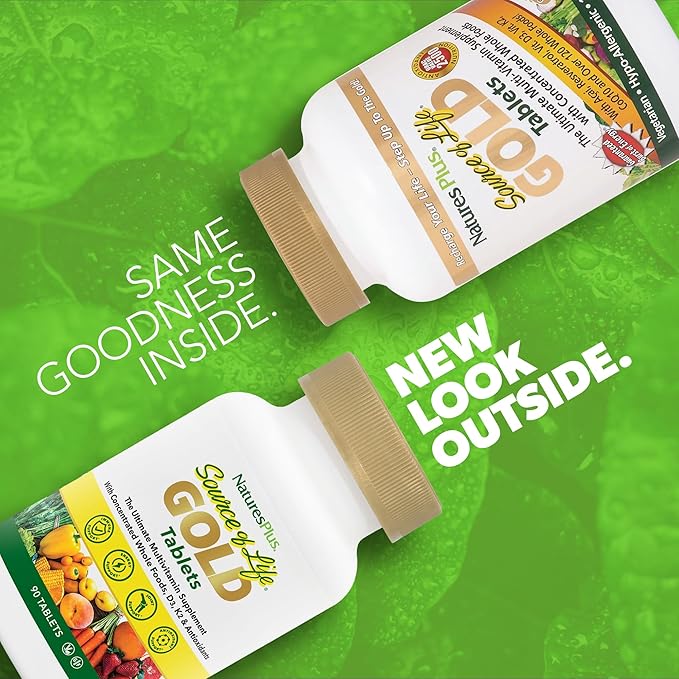 Natures Plus Source of Life Gold Multivitamin - 90 Tablets - with Vitamins D3, B12 & K2 - Blood, Bone & Immune Support - Vegetarian & Gluten Free - 30 Servings