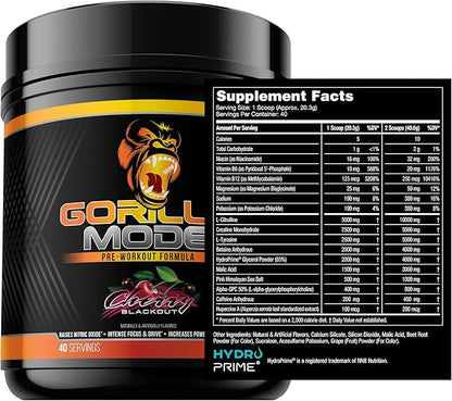 Gorilla Mode Pre Workout - Massive Pumps · Laser Focus · Energy · Power - L-Citrulline, Creatine, L-Tyrosine, Betaine, Hydroprime®, Alpha-GPC, 400mg Caffeine, Huperzine A - 812g (Cherry)