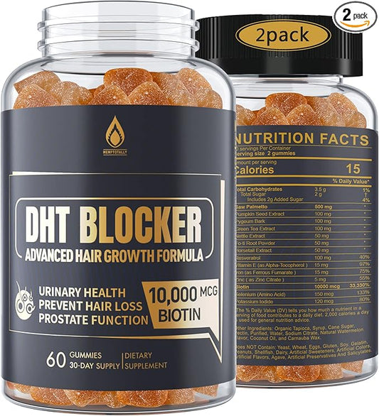 DHT Blocker Gummies Hair Growth Supplement, Super Potency Saw Palmetto & Biotin 10000 mcg for Women & Men, Plus 12 Proprietary Blend - Prevent Hair Loss, Blocking DHT Receptors, 2Pc/120ct