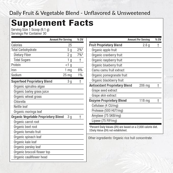 Equilife - Daily Fruit & Vegetable Blend, Fruits and Vegetables Supplements, Vitamin C, 9 Essential Amino Acids, Promotes Energy, Low-Sugar, Easy-to-Use, Vegan, Non-GMO (Unflavored, 30 Servings Tub)