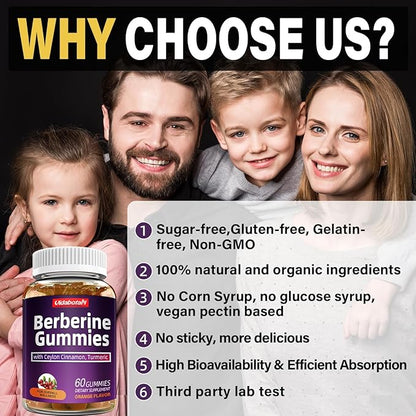 Berberine Gummies with Ceylon Cinnamon， 2000mg Berberine HCI Supplement for Men & Women, Orange Flavored Vegan Sugar Free Gummies (60 Count)(Pack of 1)