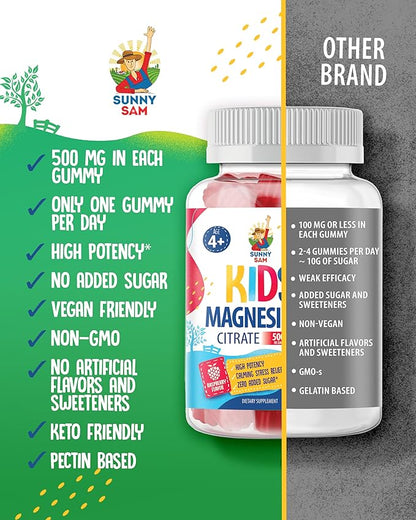Sugar-Free Magnesium Gummies for Kids & Teens - 500mg Calm Magnesium Citrate Gummies - Chewable Magnesium Gummy Supplement for Sleep, Mood & Muscle Support
