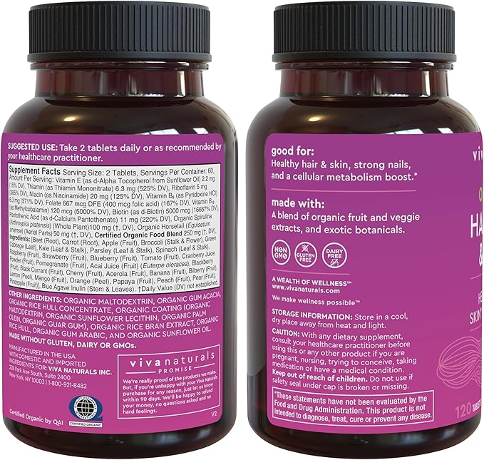 Hair Skin and Nails Vitamins for Women - Vegetarian-Friendly Organic Biotin Vitamins for Hair Skin Nails Health Support with Vitamin E & Biotin 5000 mcg to Help Produce Keratin -120 Biotin Supplement