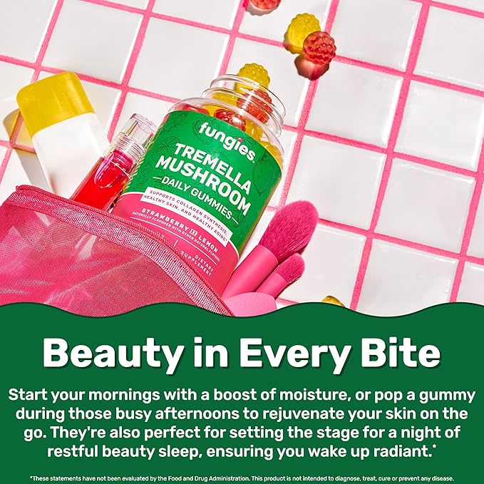 Fungies Tremella Mushroom Gummies, Mixed Strawberry & Lemon Flavor - Mushroom Herbal Supplement Gummy for Adults Supports Collagen Synthesis, Healthy Skin & Healthy Aging - Beauty Gummies 60 Servings