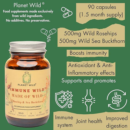 Immune Wild™| Wild Rosehip and SeaBuckthorn Formula for Immune Support | 90 Capsules | Made in UK | Rich in Omega Blend Fatty Acids, Multivitamins and Antioxidants | Zero Preservatives and Additives.