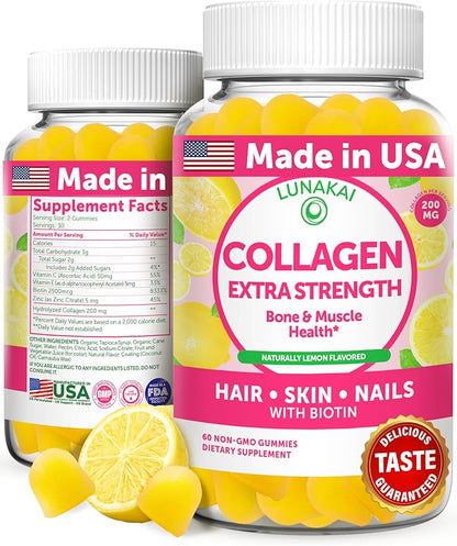 Lunakai USA Made Collagen Peptides Gummies - 200mg Non-GMO Anti-Aging Formula with Biotin, Zinc, Vitamins C & E for Hair, Skin and Nails, 60ct