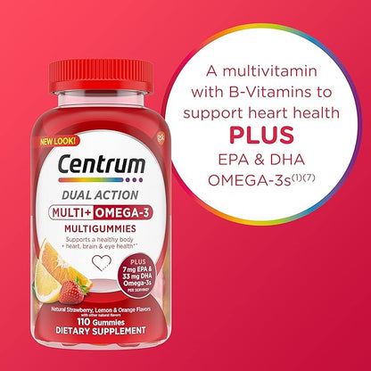 Centrum MultiGummies Multi+ Omega 3 Dual Action, Adult Multivitamin, Multivitamin/Multimineral/Omega 3 Supplement, Strawberry/Lemon/Orange Flavors - 110 Count (Pack of 5)
