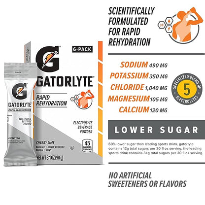 Gatorlyte Electrolyte Beverage Powder, Cherry Lime, Makes 20 Fl Oz, 3.1 ounce (Pack of 6)