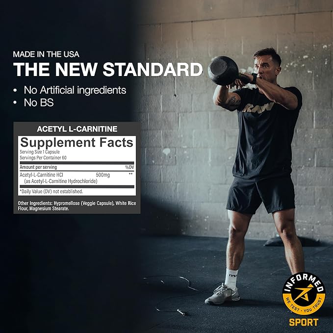 RAW Acetyl L-Carnitine Supplement, 500mg - Premium Cellular Energy Formula Boosts Cognition - Natural Energy Pills for Fatigue, Reduce Muscle Damage & Promotes Repair - 60 Capsules