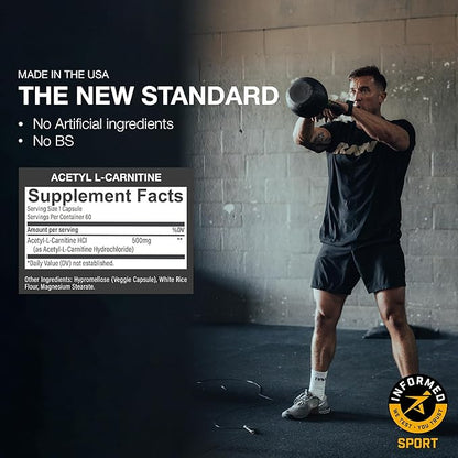 RAW Acetyl L-Carnitine Supplement, 500mg - Premium Cellular Energy Formula Boosts Cognition - Natural Energy Pills for Fatigue, Reduce Muscle Damage & Promotes Repair - 60 Capsules