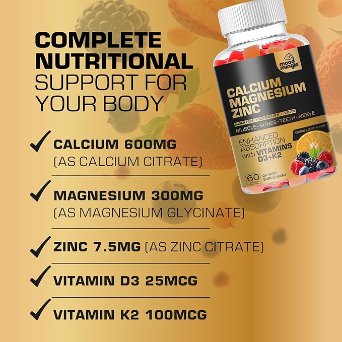 Calcium Magnesium Zinc Supplement Gummies for Kids Toddler & Adults - Enhanced Absorption with Vitamin D3 & K2 - Sugar Free Gluten Free Cal Mag Zinc Vegan Chewable Complex Calcium Gummies