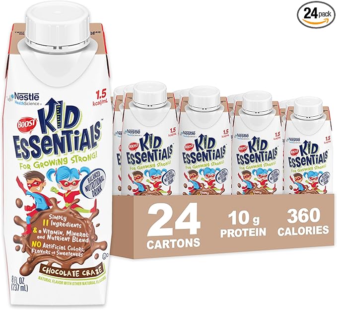 BOOST KID ESSENTIALS (1.5 kcal/mL) Chocolate Craze Nutritional Drink, 10g Protein, Vitamin C, D , B12, and Zinc, 8 Fl Oz (Pack of 24)