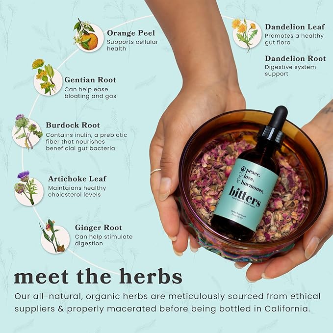 peace. love. hormones. Herbal Digestive Bitters Supplement for Women | USDA Organic Bitters for Digestion, Liver Detox with Gentian Root, Burdock Root, Dandelion Leaf Extracts - 2 fl oz, 59 Servings