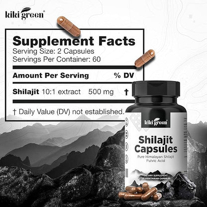 KIKI Green Shilajit Capsules - Shilajit Pure Himalayan Organic Supplement, 40% Fulvic Acid & Trace Minerals - 500 mg Pure Shilajit per Serving for Strength, Energy, Immunity - 120 Vegan Capsules