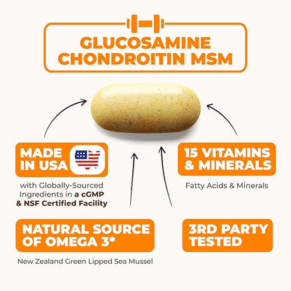 Glucosamine Chondroitin MSM Joint Support Supplement with Glucosamine Sulfate 1000 mg Plus 15 Nourishing Joint Vitamins - Joint Health Chondroitin Sulfate MSM Supplement for Women and Men - 60 Tablets