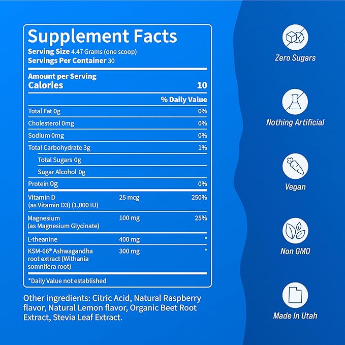Nello Supercalm Drink Mix - Ashwagandha KSM 66, Magnesium Glycinate, L-Theanine, Vitamin D3 - Ashwagandha Root Extract, Magnesium & L-Theanine Supplement - Focus & Support (30 Servings)