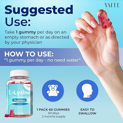 L-Lysine 800mg Gummies with Vitamin C - Supports Skin, Lip, Vegan, Gluten Free, 60 Chewable Lysine for Adults, Vitamins Tissue Health & Immune System, Amino Acid & Complex Supplements, Non-GMO