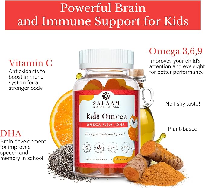 Salaam Nutritionals - Kids Vitamins, Omega 3 + Dha for Kids, Supports Brain and Immune Function, Gummies Vitamins for Kids, 60 Counts, 1 Pack