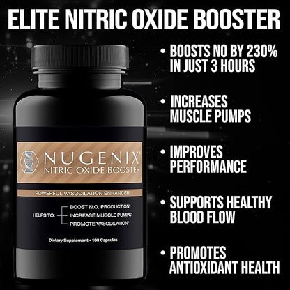 Nugenix Nitric Oxide Booster Supplement - Nitric Oxide Flow, L-Arginine, L-Citrulline, Pine Bark Extract - Vasodilator - 100 Capsules