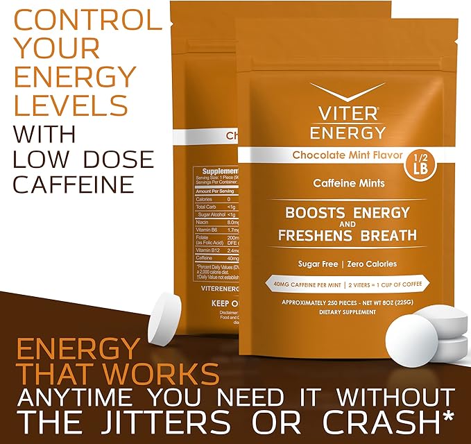Viter Energy Caffeinated Mints 40mg Caffeine, B Vitamins, Sugar Free. (Chocolate Mint, 8oz, Bulk Bag)