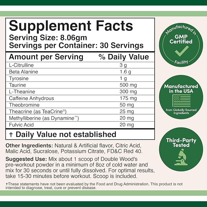 Pre Workout Powder for Men & Women (30 Servings of Caffeine, Beta Alanine, L-Citrulline, Dynamine, L-Theanine, Taurine, Theacrine, & More) Preworkout Powder with Scoop by Double Wood (Watermelon Lime)