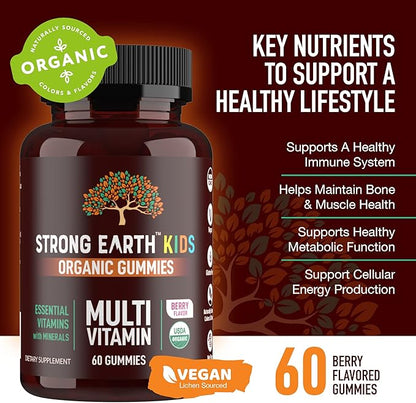 Strong Earth- Organic Multivitamin Gummies for Kids- Gummy Vitamins & Minerals Including Vitamin A, C, D3, E, B6 & Zinc - Chewable Multi Vitamin Gummies with Immune Support for Boys and Girls (60)