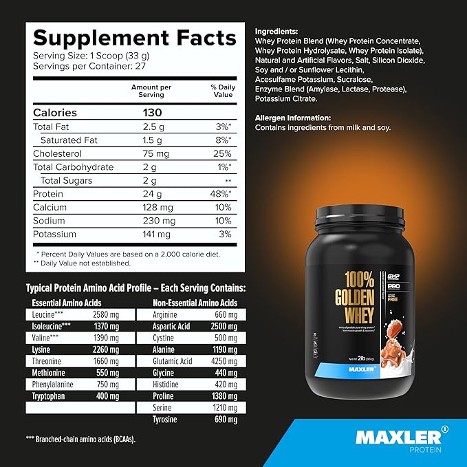 Maxler 100% Golden Whey Protein - 24g of Premium Whey Protein Powder per Serving - Pre, Post & Intra Workout - Fast-Absorbing Whey Hydrolysate, Isolate & Concentrate Blend - Salted Caramel 2 lbs