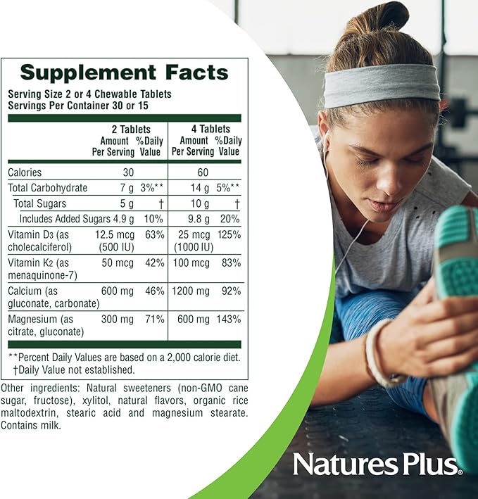 Natures Plus Chewable Cal/Mag/VIT D3 with Vitamin K2-60 Chewable Tablets - Vanilla Flavor - Bone Health Supplement with Calcium, Magnesium, Vitamin D3 and K2 - Gluten-Free - 30 Servings