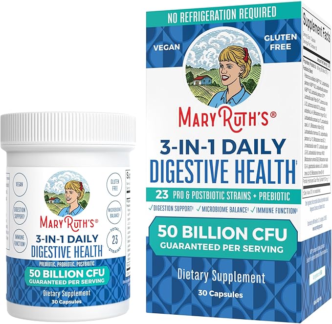 MaryRuth Organics 3 in 1 Probiotics for Digestive Health | Prebiotic & Postbiotic | Gut Health Supplement for Women & Men | Powder Probiotics for Women | Immune Support | 50 Billion CFU | 0.5 oz